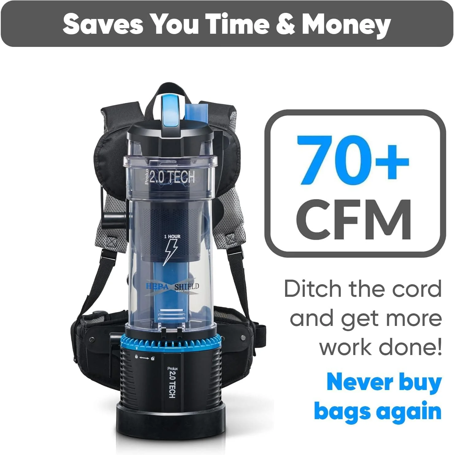 Demo 1 Hour Prolux 2.0 Cordless Bagless Upright Backpack Vacuum with Lithium Ion Batteries - Image 3