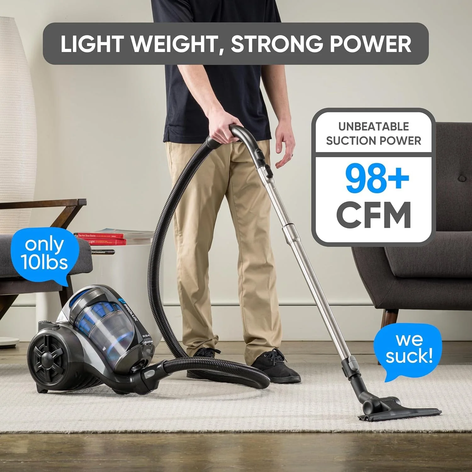 Prolux RS4 Lightweight Bagless Canister Vacuum with HEPA Filtration Premium Button Lock Tools and Automatic Cord Rewind - Image 3