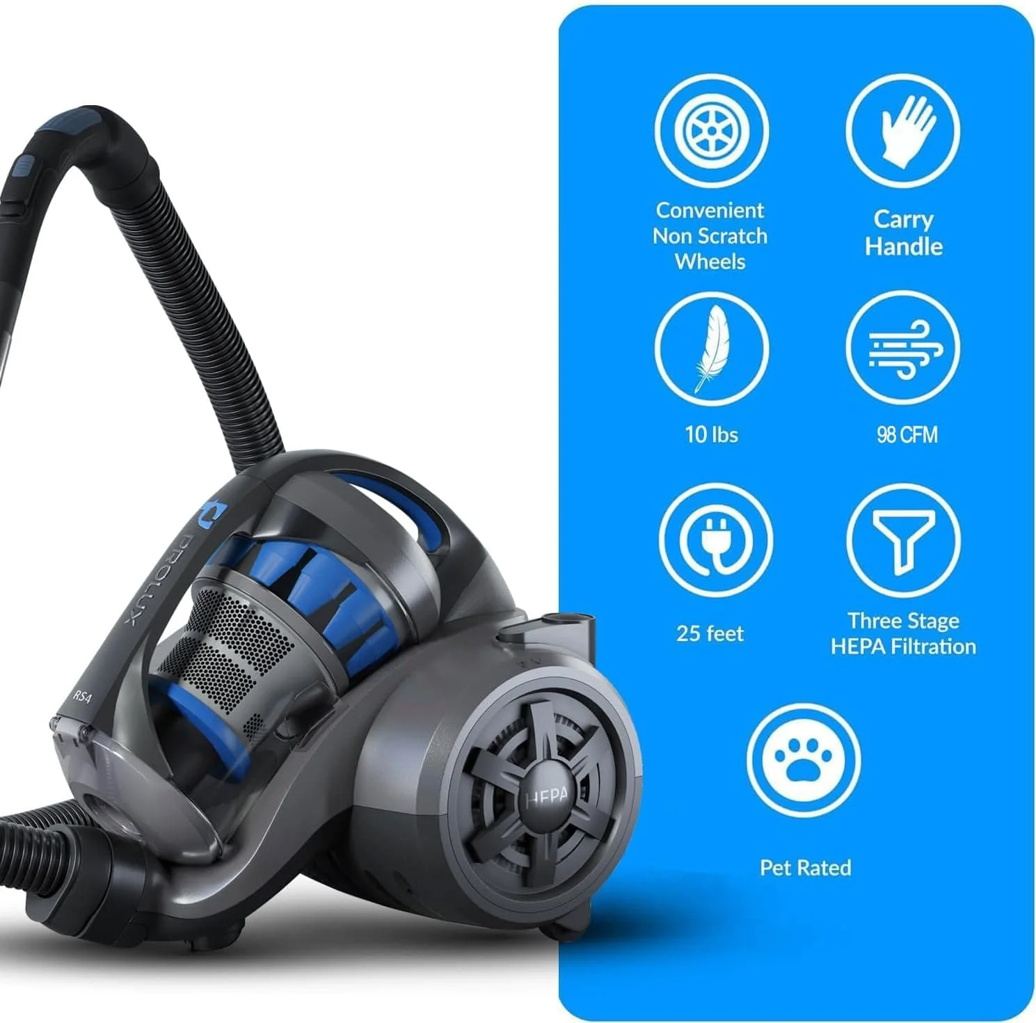 Prolux RS4 Lightweight Bagless Canister Vacuum with HEPA Filtration Premium Button Lock Tools and Automatic Cord Rewind - Image 4